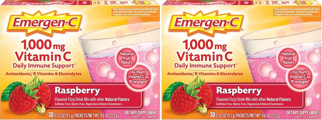 Emergen-C (30 הרוזן, Raspberry Flavor, 1 חודש אספקת תוספת תוספת Fizzy שתו לערבב עם 1000 מ"ג ויטמין C, 0.32 Ounce Packets, Caffeine חינם (Pack of 2)