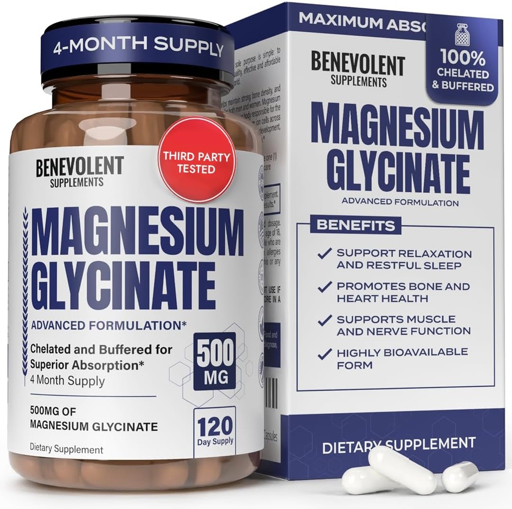 Magnesi Glycinat 500mg - Cheteted waters Magnesium suplementari per donar suport a l'ajuda de Stres, Digestion, Bone, Dorm, Nvercles i Muscles - Fet als EUA - 120 Vegan Caples