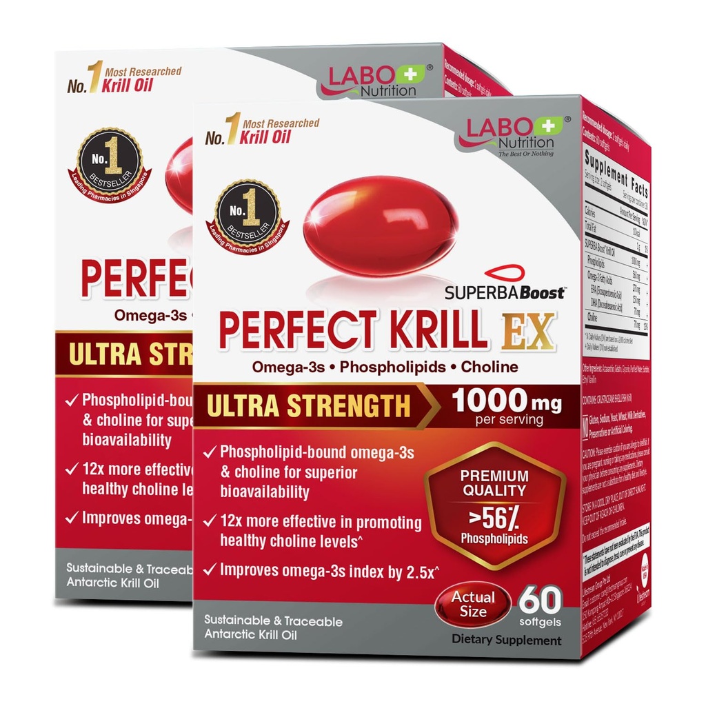 LABO Nutrition Perfect Krill EX, 1000mg Antarctic Krill Oil Omega 3 EPA DHA, Highest Phospholipids (Over 56%) with Choline, Astaxanthin | Heart Brain Eye Joint Health, Made in USA, 60 softgelsX2