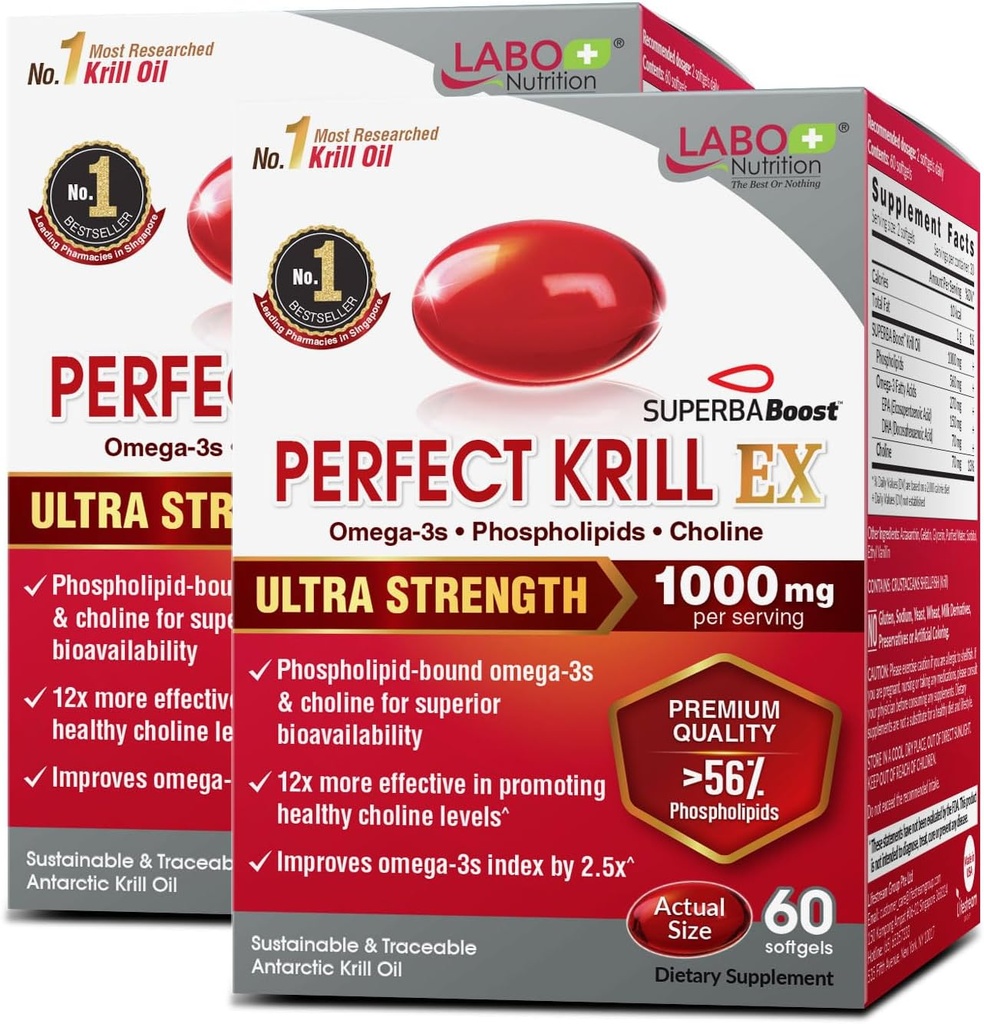 LABO Nutrition Perfect Krill EX, 1000mg Antarctic Krill Oil Omega 3 EPA DHA, Phospholipids (Over 56%) con Choline, Astaxanthin | Heart Brain Eye Joint Health, Made in USA, 60 softgelsX2