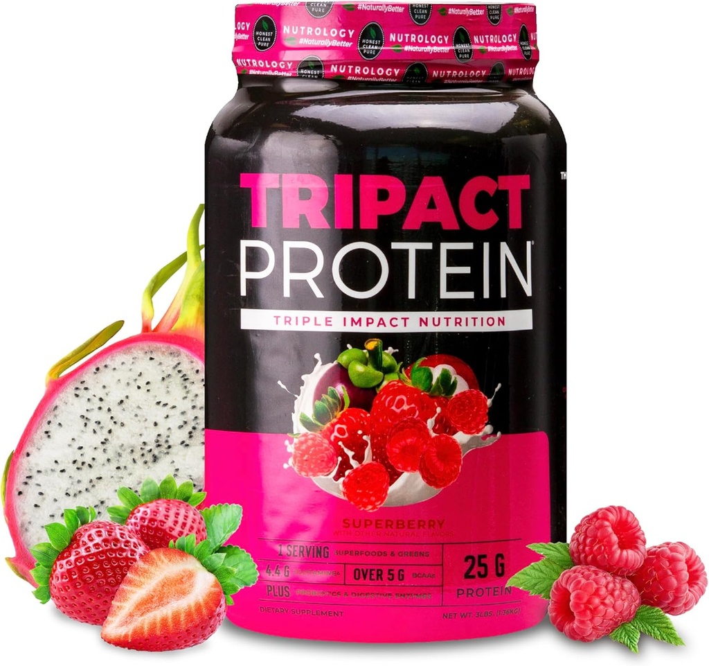 Nutrology TRIPACT Protein Powder - 7-in-1 Mealاستبدالment Shake with Grass Fed Whey Protein Powder, Pea, Rice, Greens for Muscle Recovery " Immunity, Superberry Flavor, 40 Servings