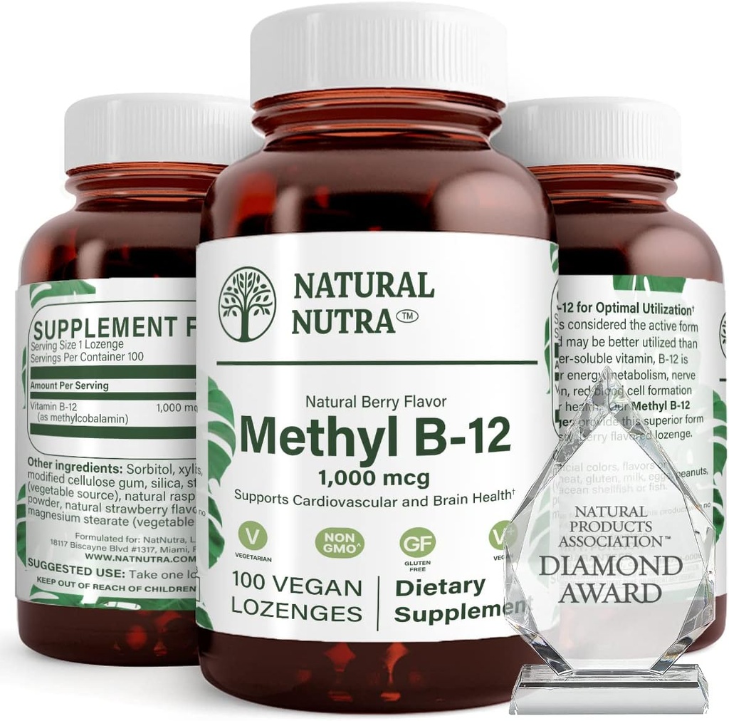 Natural Nutra Vegan Metil B12 1000mcg, Heart Health and Energy Booster Supplement, Gluten Free, Support Energy Dönüşüm, Immune Response, Brain funksiyasına kömək, 100 Vegan Lozenges