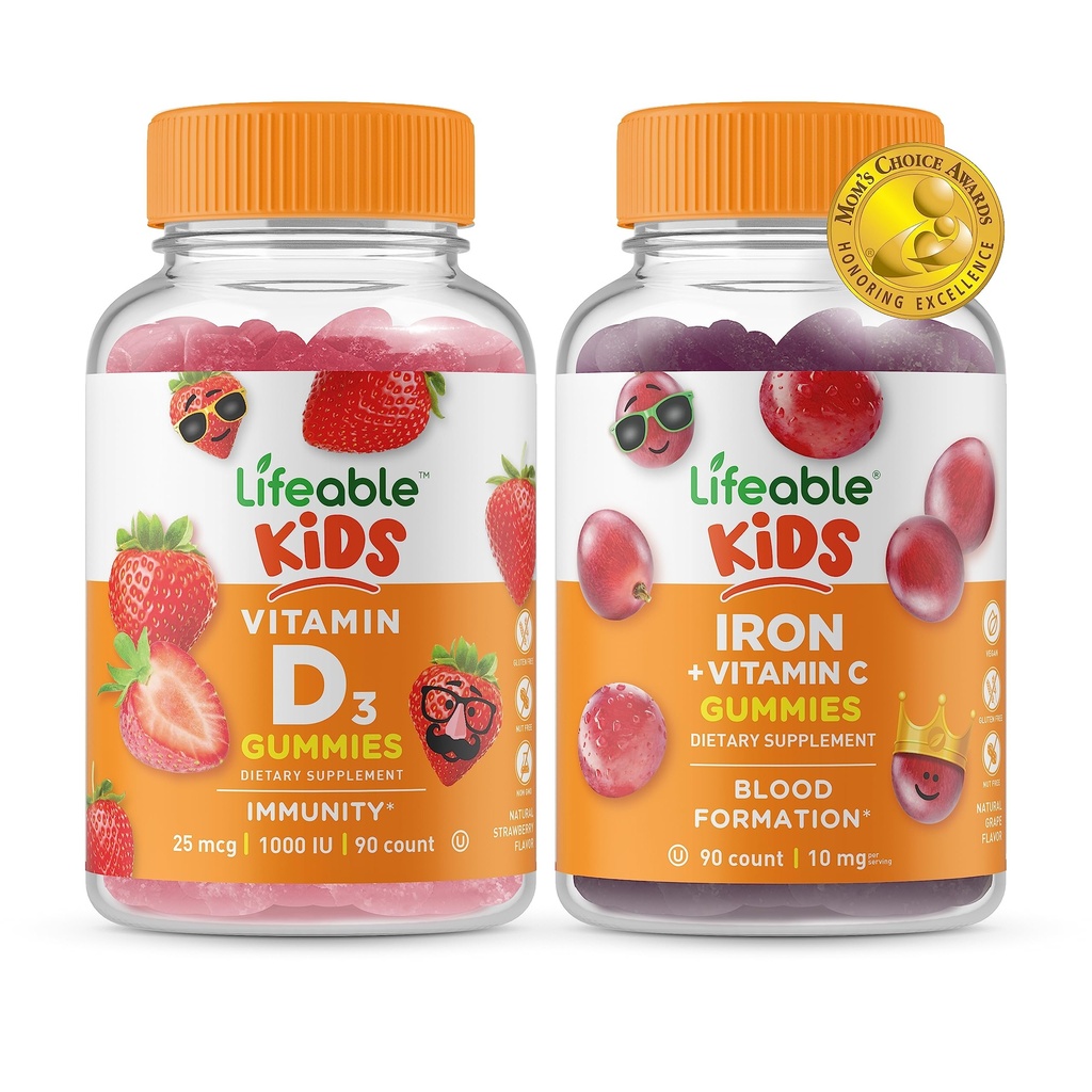 Lifeable Vitamin D Kids + Iron & Vitamin C Kids, Gummies Bundle - Great Tasting, Vitamin Supplement, Gluten Free, GMO Free, Chewable Gummy