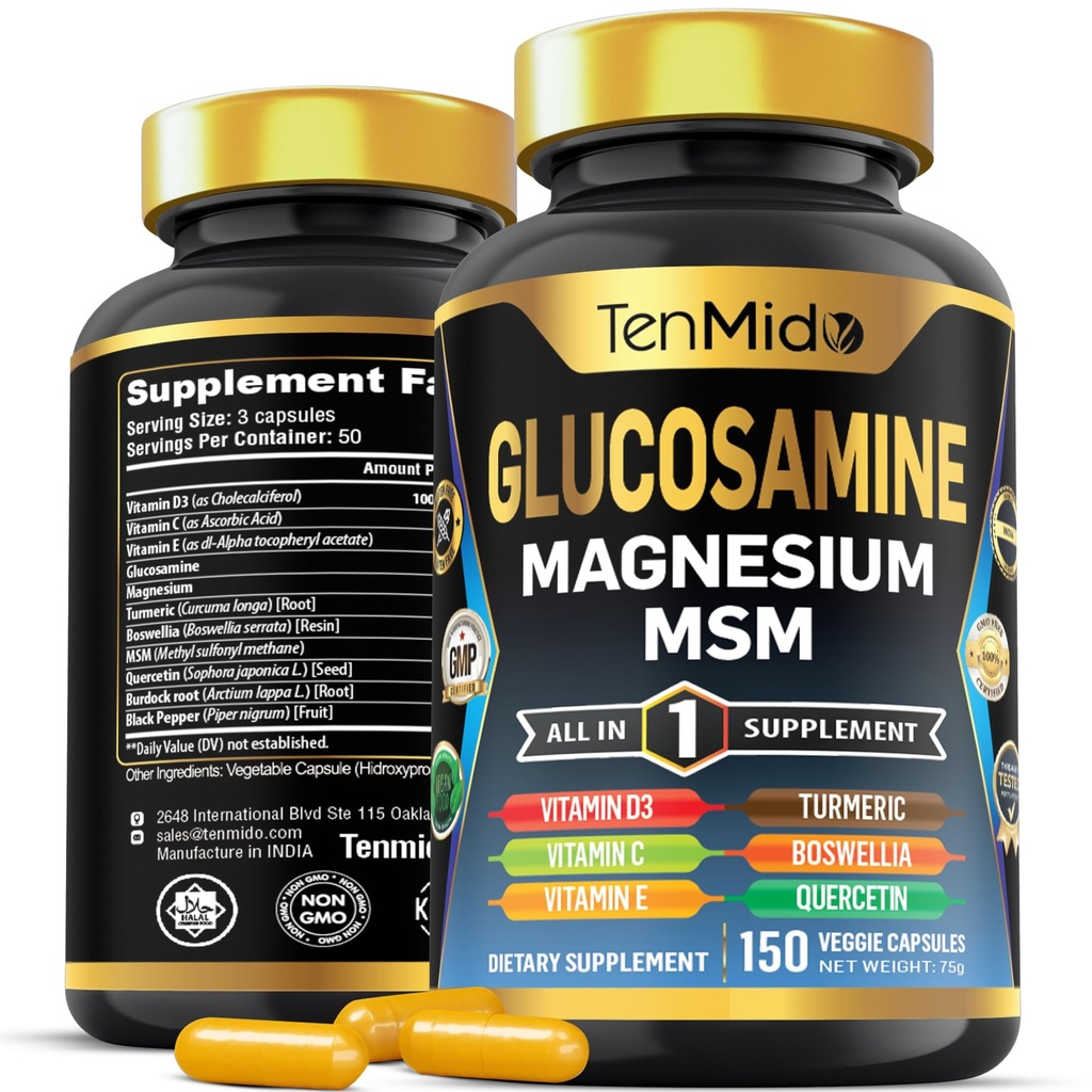 Glucosamine MSM Supplement for Men and Women - 11in1 Formula - Combine with Magnesium, Turmeric, Boswellia, Quercetin, Burdock Root, and More | Joint & Mobility Support - 150 Capsules