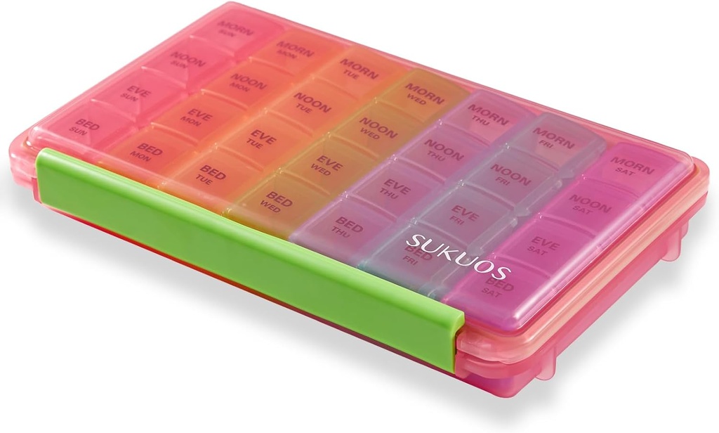 Sukuos Weekly Pill Organizer 7 Hari 4 kali sehari, Resistant Large Daily Box Medicine Cases for Vitamin / Fish Oil / Suplemen (Pink)