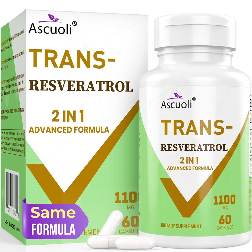 99% Pure Trans Resveratrol 1150mg, 2-in-1 Resveratrol Supplement, 60 Caps | Trans-Resveratrol 1100mg per Serving, for NAD+, Cell, Energy, Immune, Skin, Anti-Aging & Longevity