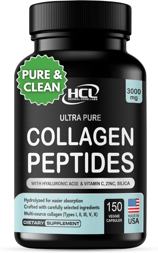 HCL HERBAL CODE LABS Collagen Peptides Powder dengan Vitamin C & Hyaluronic Acid - Sumber paling bersih & Super Tinggi Absorpsi - Multi Type I, II, III, V, X - Skin Pair Sules (Capsules)