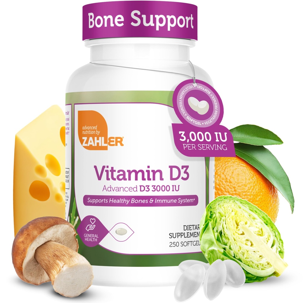 Zahler Vitamin D3 3000IU, Vitamin D3 Supplement 3,000 IU, Certified Kosher (250 Softgels)