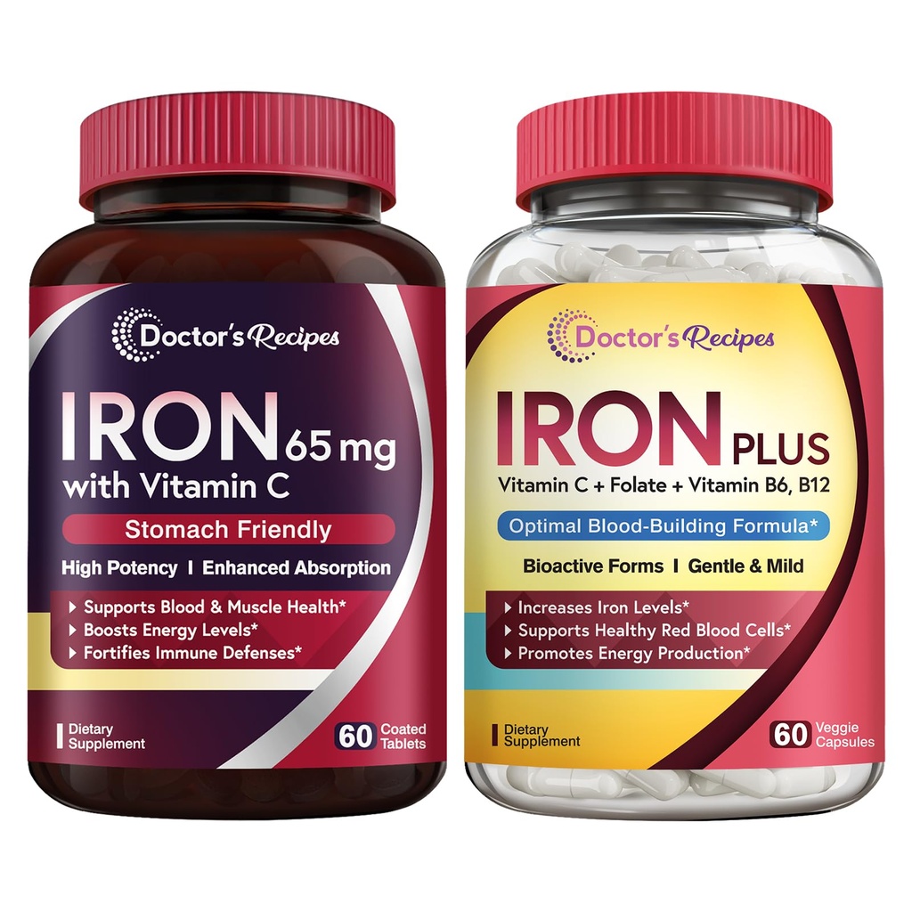 Doctor's Recipes Iron 65 mg & Iron Plus Bundle, Healthy Iron Levels & Blood Support, Iron Tablets 60 ct & Iron Capsules 60 ct