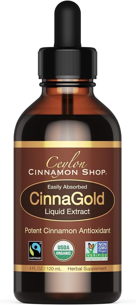 Ceylon Cinnamon Shop CinnaGoldTM Organic Ceylon Cinnamon (100% Certificato) Supplemento, Estratto liquido ad alta potenza, 4 oz. – Super Antiossidante
