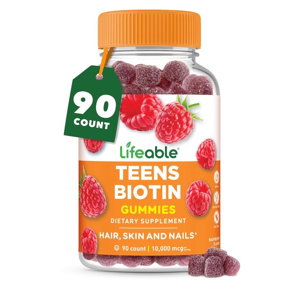 Lifeable Teens Biotin 10000mcg Gummies | Vitamin B7 | Vegan Biotin Supplement | Great Tasting Biotin Gummies for Hair Growth, Healthy Skin and Nails | Biotin Vitamins for Teens | 90 Gummies