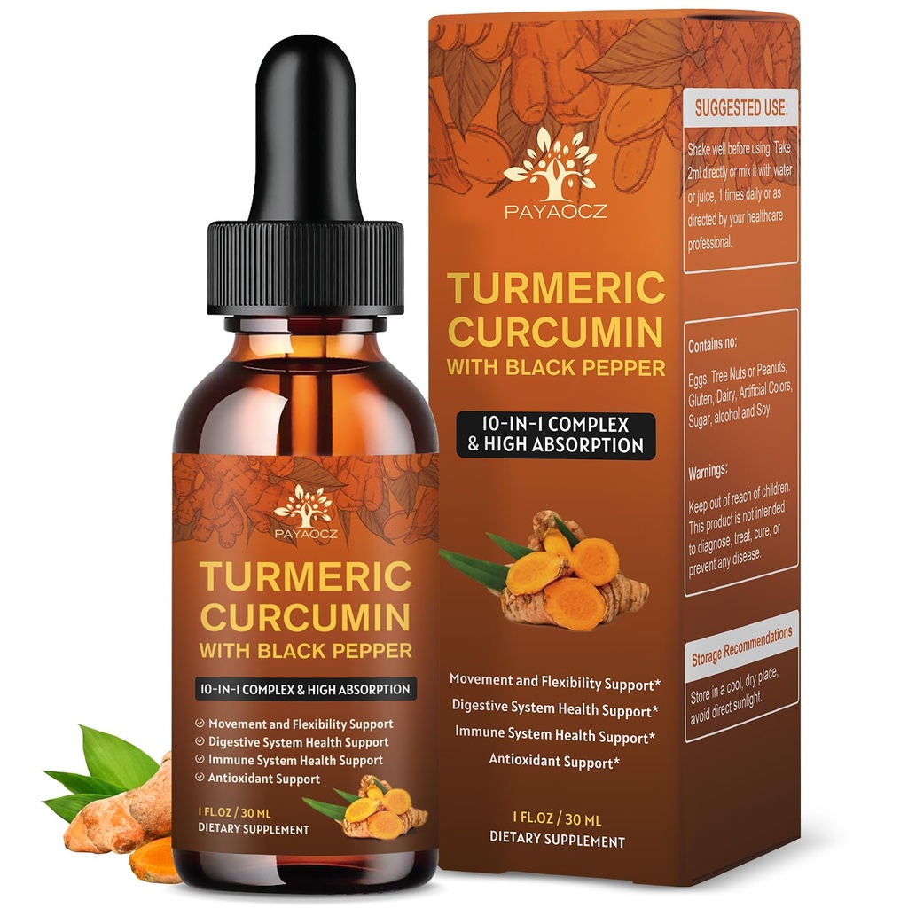 (2 Pack) Organic Turmeric Curcumin Supplement with Black Pepper and Ginger - Liquid Turmeric Extract Drops (with Cinnamon, Rosemary) - Mobility and Flexibility Support and Digestive Health - 1 Fl Oz