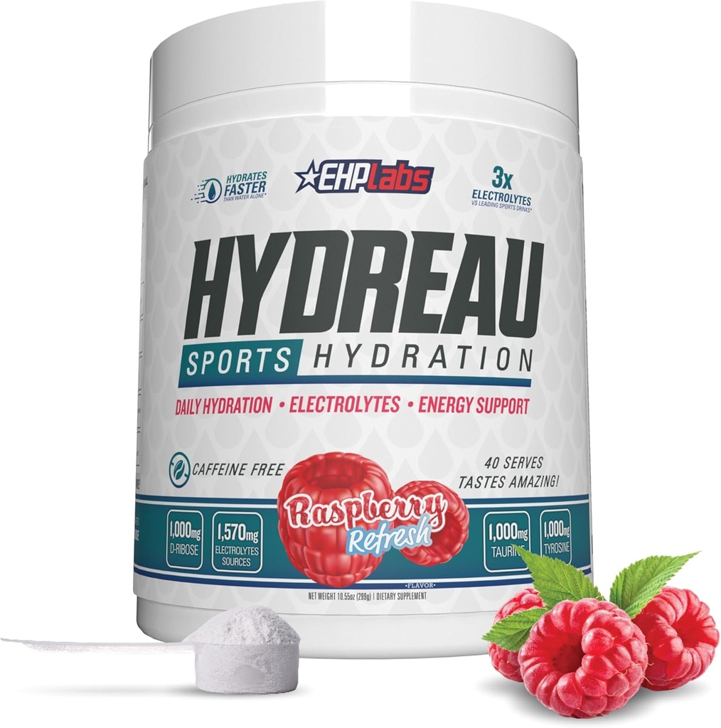 EHP Labs Hydreau Electrolytes Powder No Sugar - Hidratációs Powder for Endurance & Energy - Elektrolit Powder for Man & Women - Sugar Free Electrolytes - Málna Frissítés (40 Serves)