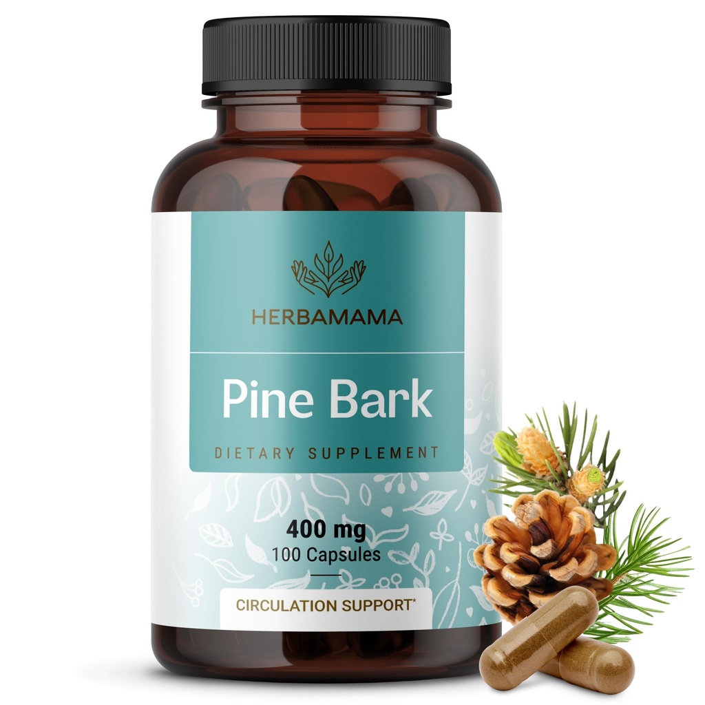 HERBAMAMA Pine Bark Extract Capsules - 400mg French Maritime Pine Bark Extract Powder for Antioxidant Support - Vegan, Non-GMO Pinus Pinaster Supplement