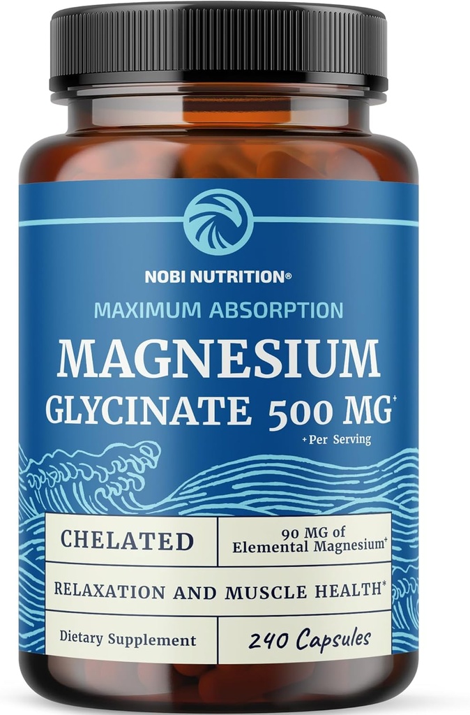 Magnesium Glycinate 500mg | Chelated for høy absorpsjon | Muskelavslapning, Bein, Hjerte, Nerve, søvn og rolig støtte for kvinner og menn | Magnesium Chelate Supplement & Bisglicinate Complex