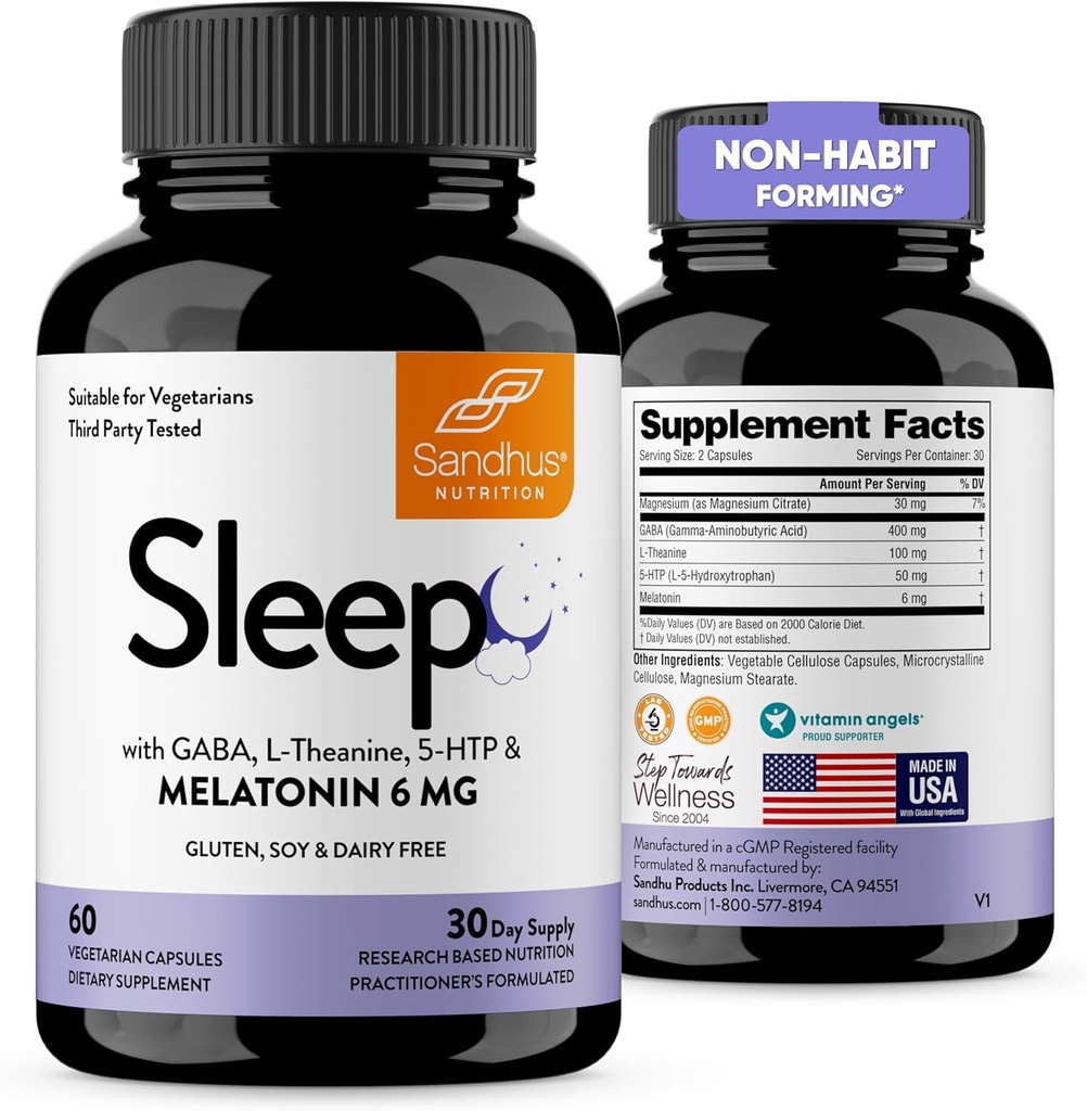 Sandhu 's Sleep 60 Kapsle - Non- Habit Forming 5- in-1 Spící pomůcka Dodatek s melatonin, hořčík, GABA, L-Theanine & 5-HTP