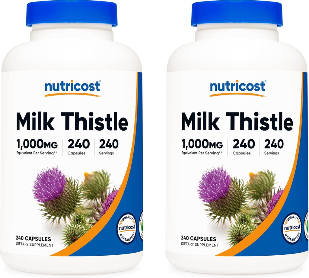 Nutricost Milk Thistle 1.000mg ekvivalentno, 240 kapsul (2 pakiranji) - 250 mg po 4:1 ekstrakt - vegansko, brez GMO in gluten