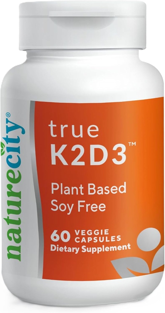 NatureCity TrueK2D3 Plant Based Witamina K2 MK7 (90 µg) i D3 z Algae (2 500 j.m.) 2 w 1 Suplement witaminy D3 K2 do kości, serca i zdrowia immunologicznego - 60 Kapsułki wegetariańskie