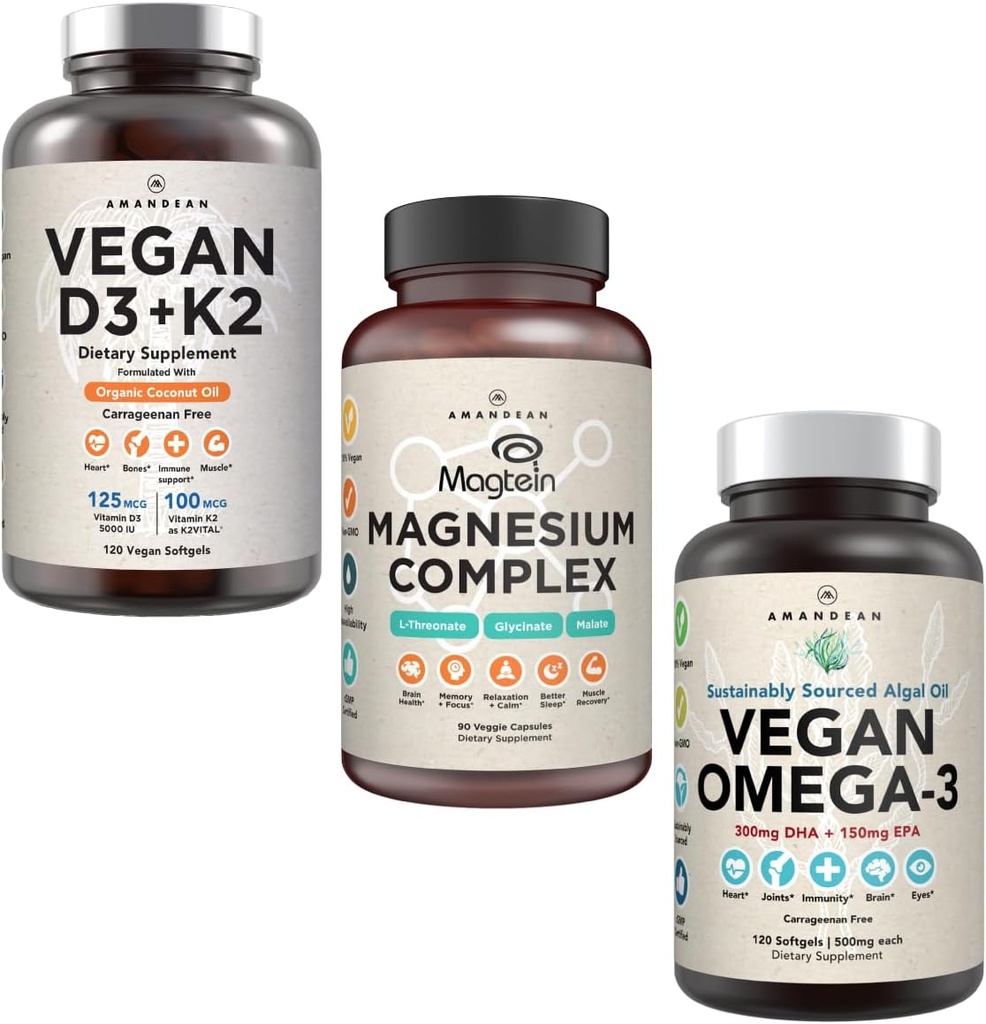 AMANDEAN Premium Magnesium Complex, Vegan Omega 3, Vegan D3+K2 Bundle. Immuunondersteuning op basis van planten. Algen DHA & EPA. Kwaliteit Slaap, Focus & Mood. Ondersteuning gezonde hart, hersenen, gewrichten & ogen