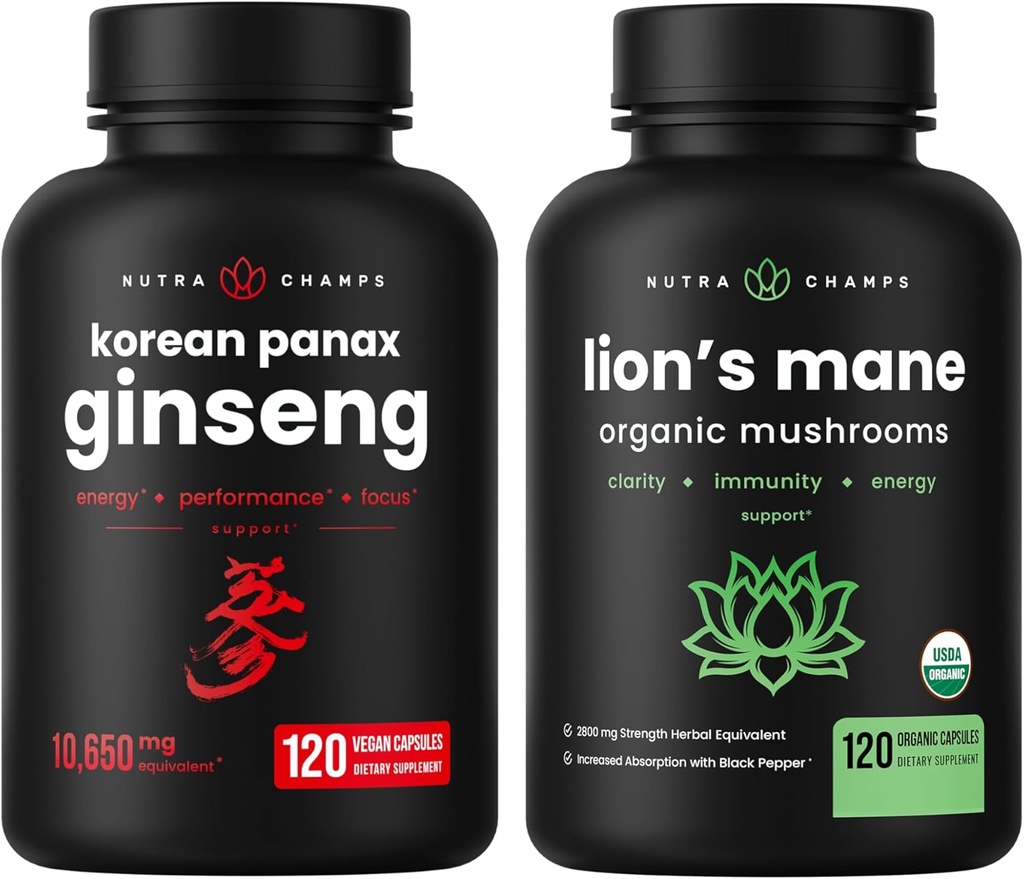 NutraChamps Korea Ginseng kapselit ja Lions Mane kapselit 2 Pack Bundle
