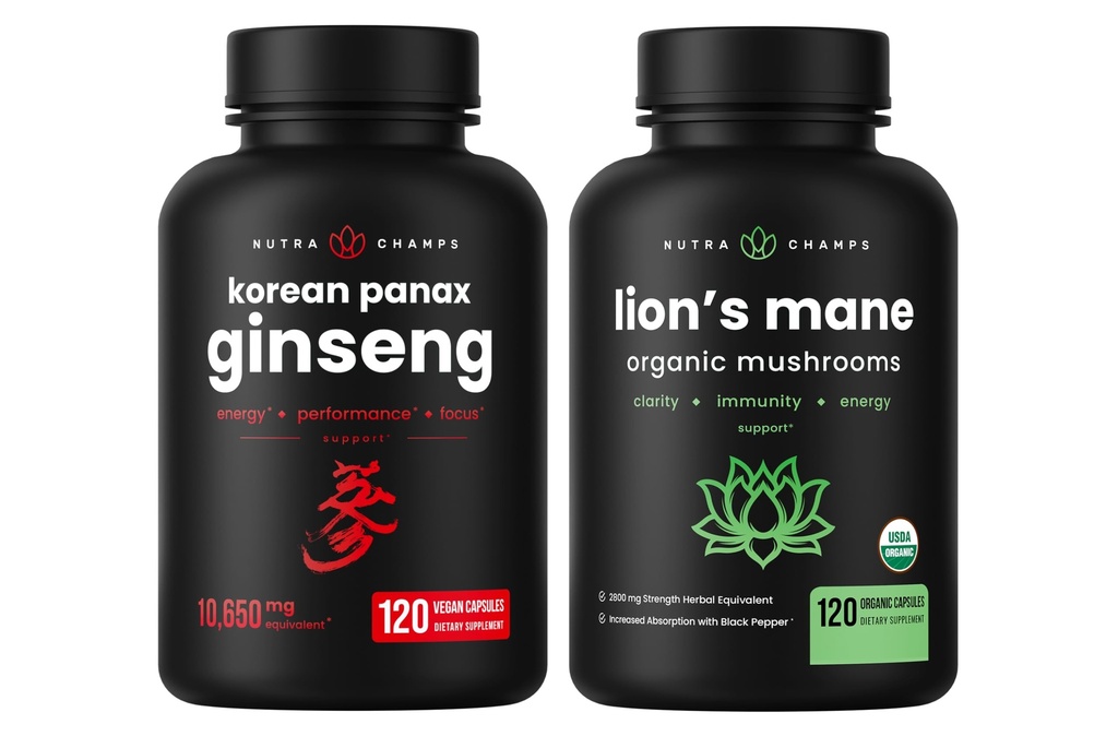 NutraChamps Korean Ginseng Capsules and Lions Mane Capsules 2 Pack Bundle