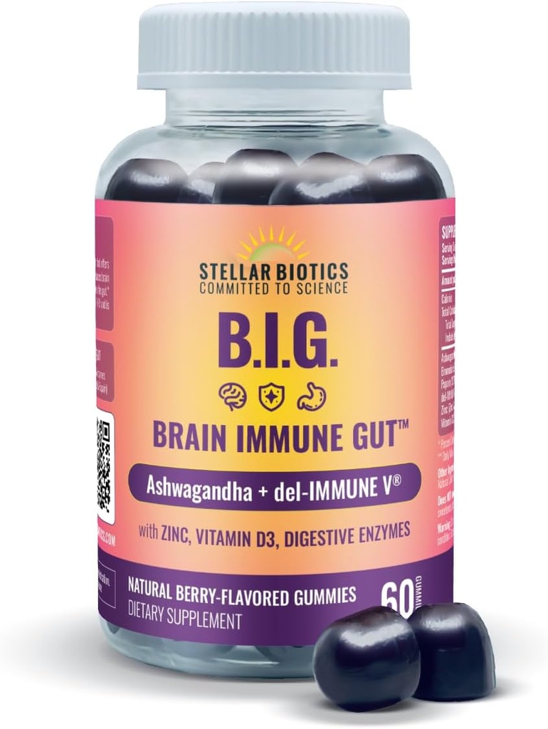 Del-Immune V + Ashwagandha - Brain Immune GutTM (B.I.G.) Gummy - All Natural Immune & Gut Support with Zinc, Vitamin D3 + Enzymes Digestivos (60 Gummies)
