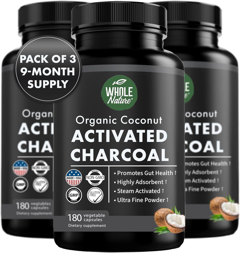 Coconut Activated Charcoal Capsules, 180 Charcoal Capsules, Teeth Whitening, helps Constipation, Bloating, Stomach Gas, Heartburn, Pure Coconut Derived supplement (3)