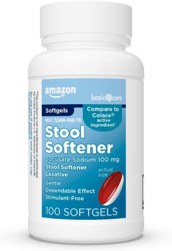 Basic Care Stool Softener Laxative, Docusate Nātrija 100 mg, Softgels, Aizcietējuma mazināšanai, 100 Skaits