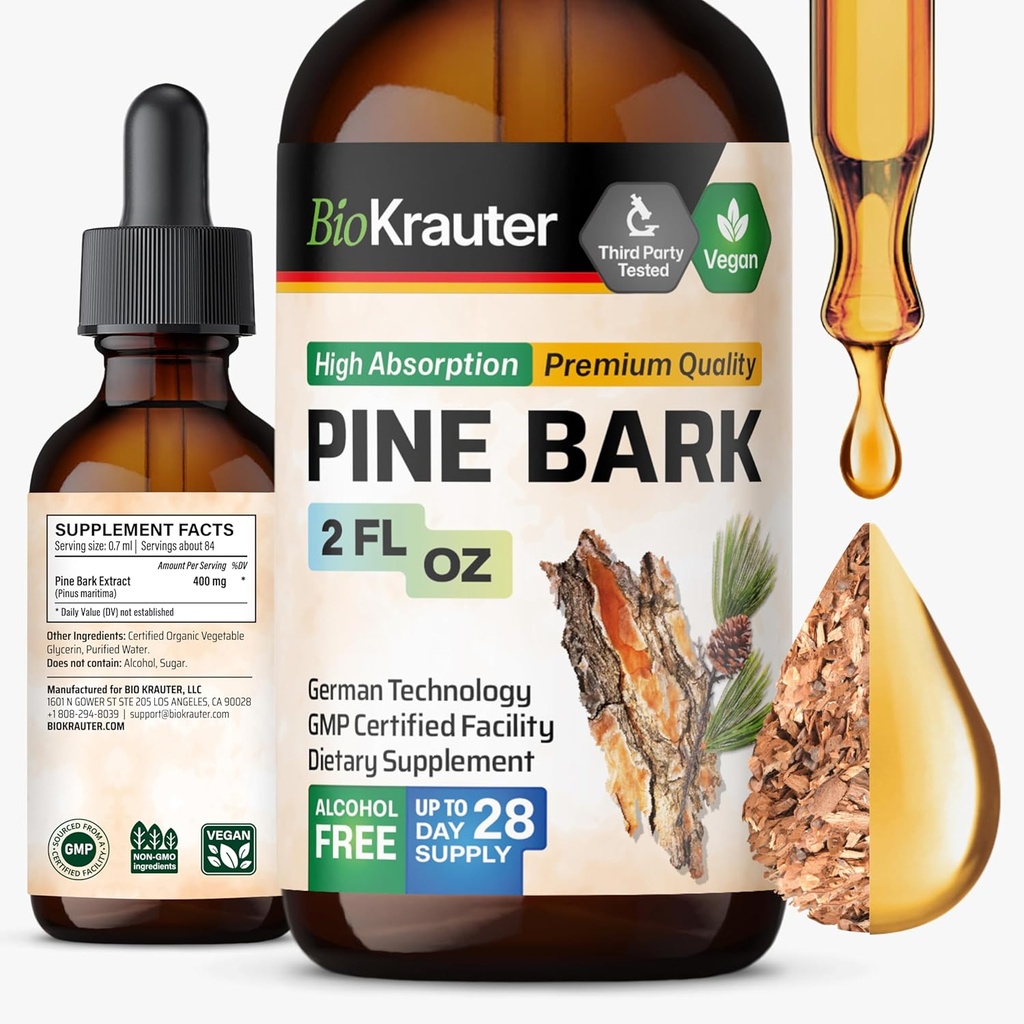 BIO KRAUTER Pine Bark Extract - Rik i Antioxidanter Liquid Supplement - 400 mg Franska Maritime Pine Bark Extract Drops - Vegan, Alkohol & Sugar Free - 2 Fl Oz