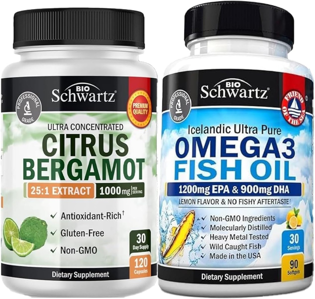 Triple Strength Omega 3 Fish Oil Softgels (1 måned Tilgang) Plus 1000mg Citrus Bergamot Supplement (1 måned Tilgang)