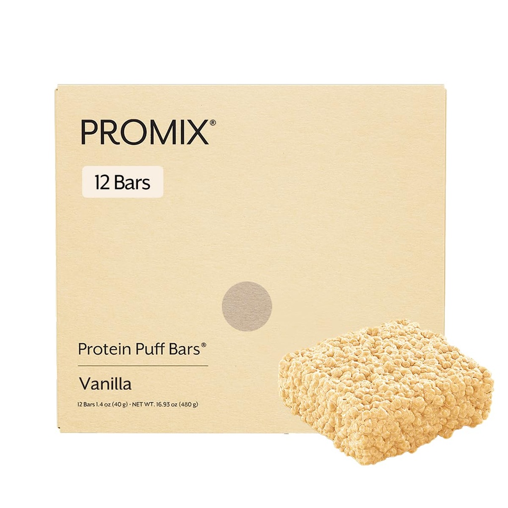 ProMix Nutrition Protein Puff Bars, 12-Pack - Madagascar Vanilla - Marshmallow Crispy Treat - Great Tasting & Healthy On The Go Snack - High Protein & Low Calorie - Non-GMO & Free From Gluten, Soy, & Corn.