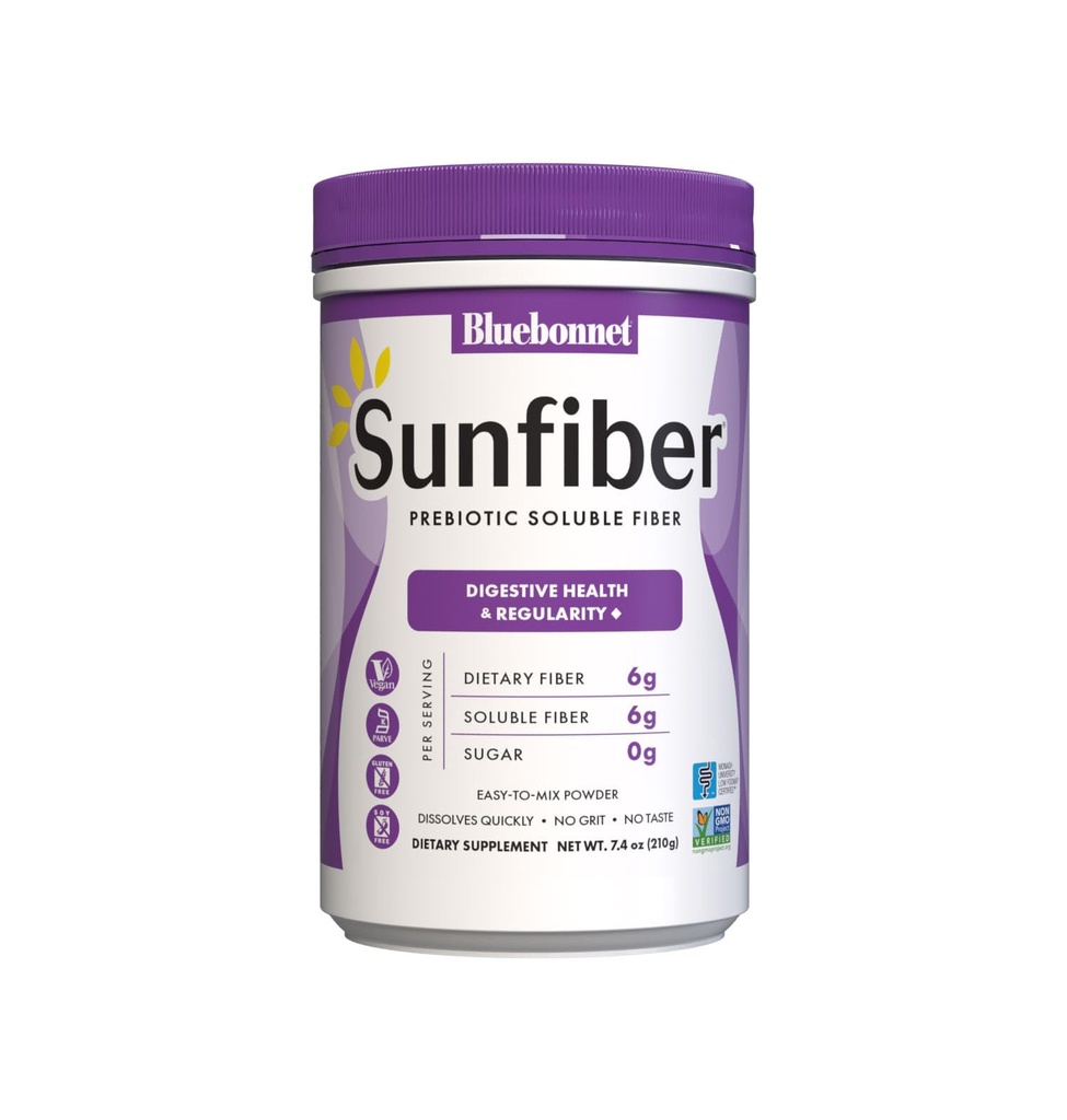 BlueBonnet Nutrition Sunfiber – 6 g of Plant Based Prebiotic Soluble Fiber – Supports Digestive Health* - Instant Dissolve – Non-GMO, Vegan, Kosher, Low-FODMAP – Unflavored, 7.4 OZ, 30 Servings