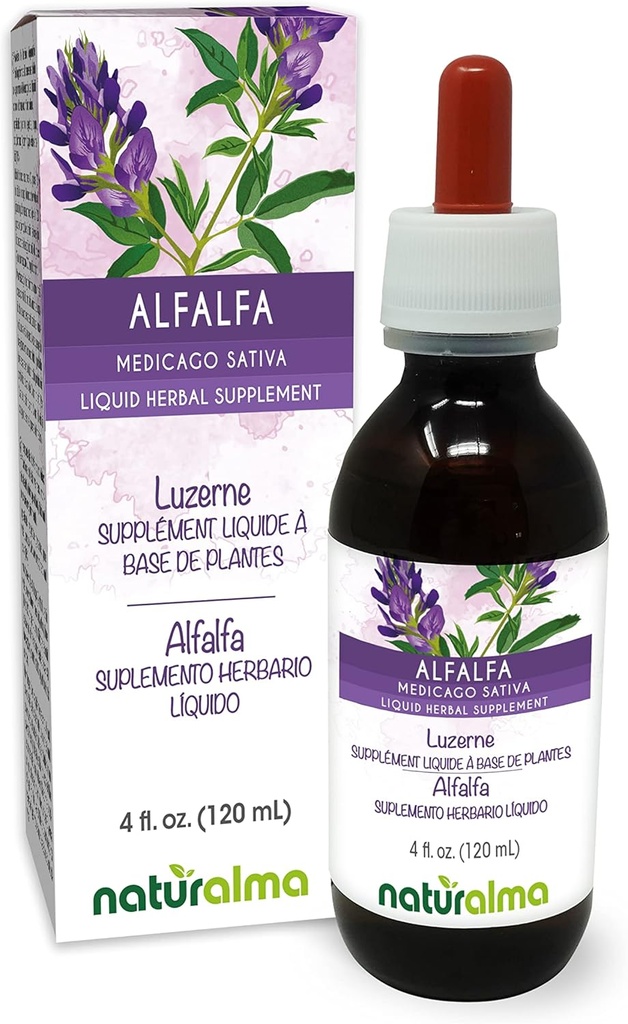 Naturalma Alfalfa ή Lucerne (Medicago Sativa) βότανο με λουλούδια Αλκοόλ-ελεύθερο Βάμμα - Πλούσιο σε φυσική χλωροφύλλη - 4 fl oz υγρό εκχύλισμα σε σταγόνες - φυτικό συμπλήρωμα - Vegan