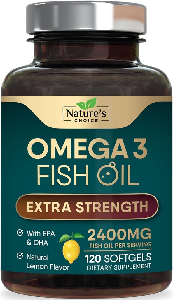 Omega 3 鱼油补充剂 2400 mg - 三重强度EPA和DHA 鱼油 Omega 3 基本脂肪酸补充剂 Softgel,脑和心脏健康支持补充剂 Gluten Free Non-GMO, 120 Softgels