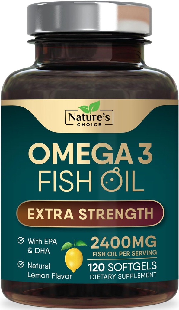 Omega 3 Fish Oil Supplements - 2400mg Fish Oil Per Serving - Triple Strength Omega-3 with Fatty Acids EPA & DHA - Natural Heart, Brain & Immune Support - Wild Caught, Bottled in USA - 120 Softgels