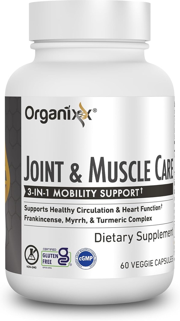 Organixx Joint &amp; Muscle Care Organic Turmeric Supplement, 3-in-1 Frankincense, Turmeric y Myrrh Joint Health & Joint Support Suplemento Body Care Capsules, Supports Swelling, Tension, 60 Capsules