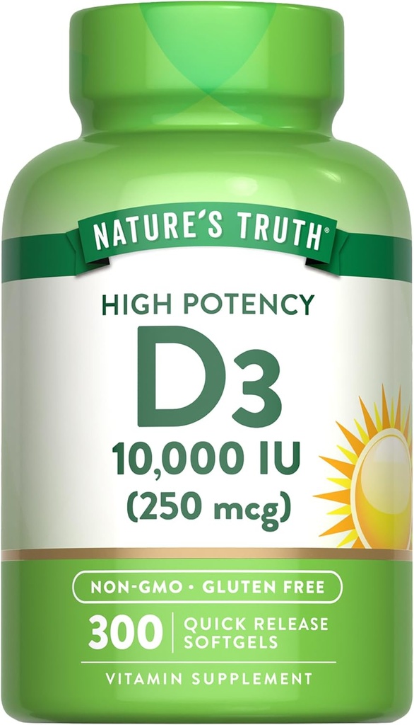 Vitamina D3 10000 IU Softgels | 300 Count | Extra Strength | Non OGM & Gluten Supplemento gratuito