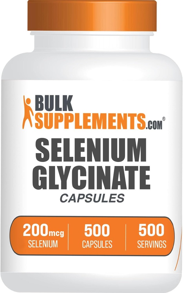BulkSupplements.com Selenium Glycinate Capsules - Selenium supplement, Selenium 200mcg Capsules - Essential Trace Mineral, Gluten Free, 1 Capsule per Serving, 500 count (Pack of 1)