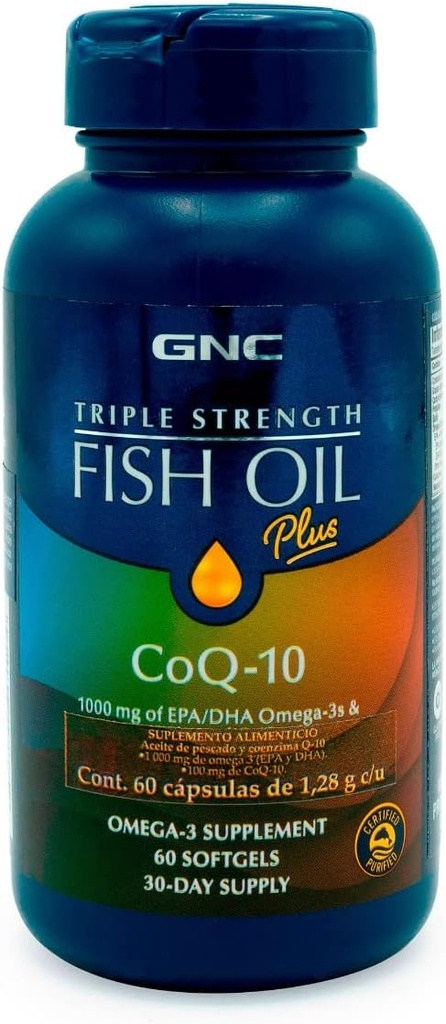 GNC Triple Strength Fish Oil Plus CoQ10 Omega 3 täydennysosa, 1000mg EPA ja DHA, 100mg CoQ10, Sydän ja Circulatory Health, Plus iho, nivelet, aivot, ja silmä, päällystetty Fishy Burps, 30 tarjoilut