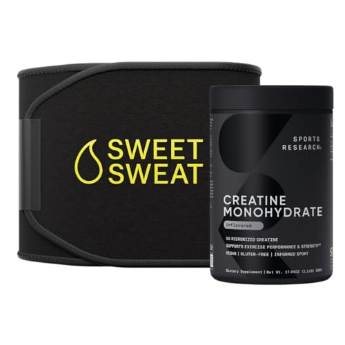 Sports Research® Training Performance Pack - Creatine Monohydrate and Sweet Sweat Waist Trimmer (Black/Yellow, Medium)