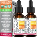 (2 Pack) Organic Vitamin D3 K2 Drops 5000 IU with MCT Oil Omega 3 — Liquid D3, No Fillers, Non-GMO, Immune Support (Strawberry, 2 Fl Oz)