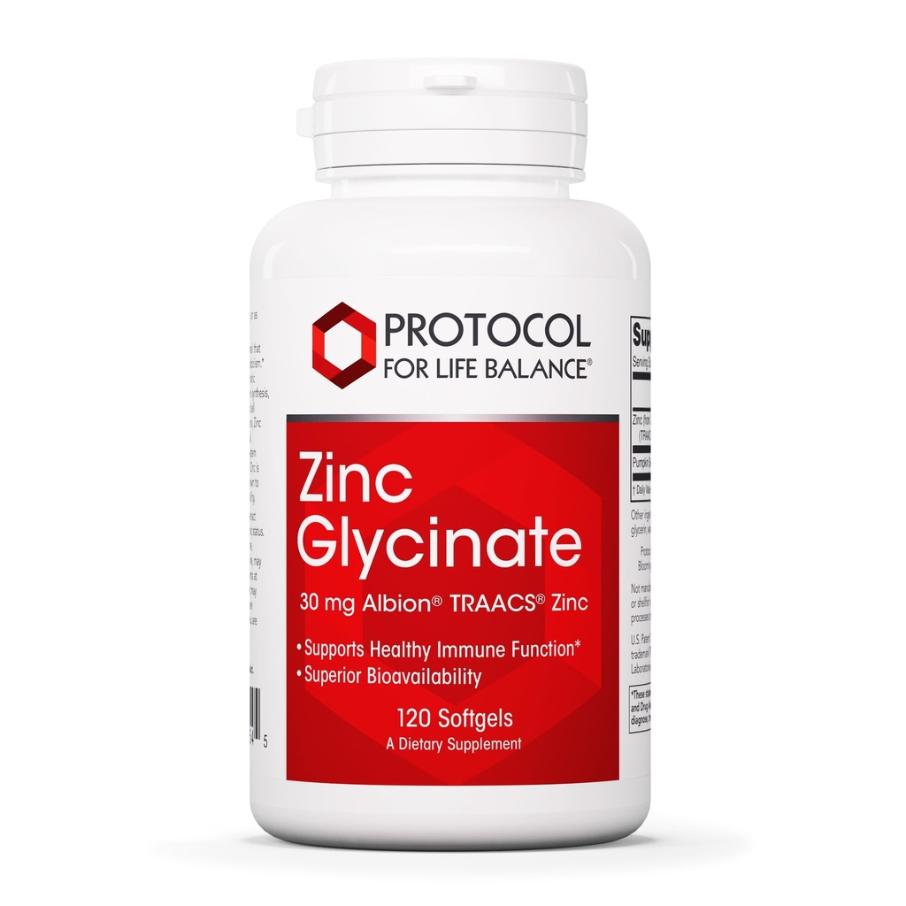 Protocol for Life Balance Zinc Glycinate 30mg - with Albion Traacs Zinc - Zinc Glycinate Supplement - Immune System Support* - Keto Friendly & Dairy Free - 120 Softgels