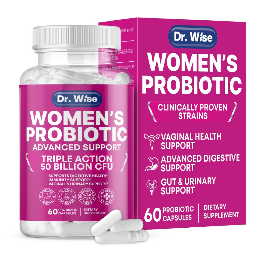 Dr. Wise Women's Probiotic 50 Billion CFU 60 Veggie Capsules | Vaginal Health & Digestive Support | 5 Targeted Strains Including L. Reuteri & Rhamnosus | Shelf Stable, Non-GMO & Gluten-Free