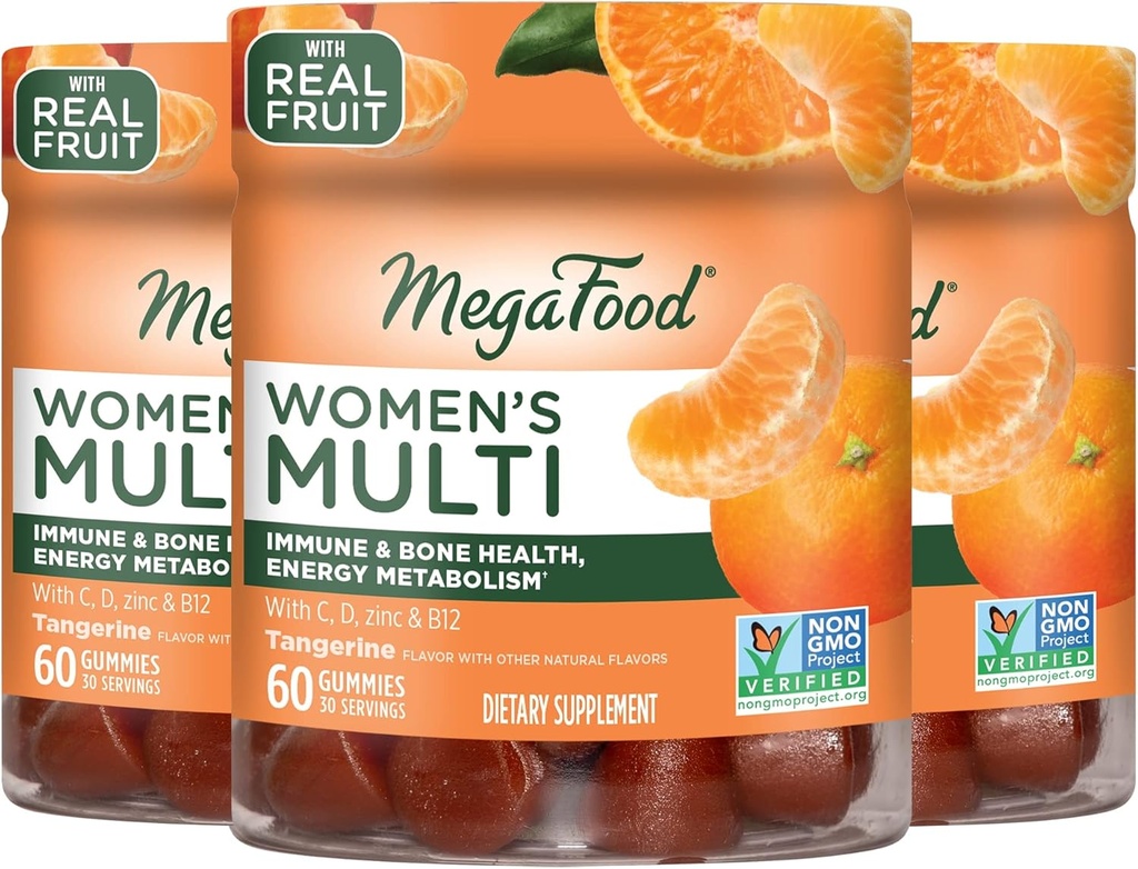 MegaFood Women 's Multi - Multivitamin for Women - Gummy Vitamins- Witamina C, Witamina D, Cynk, Witamina B12 & Choline- Wsparcie immunologiczne & Zdrowie Kości - Wegetaria- Tangerina - 60 Gummies (30 Służenie) 3 Pack
