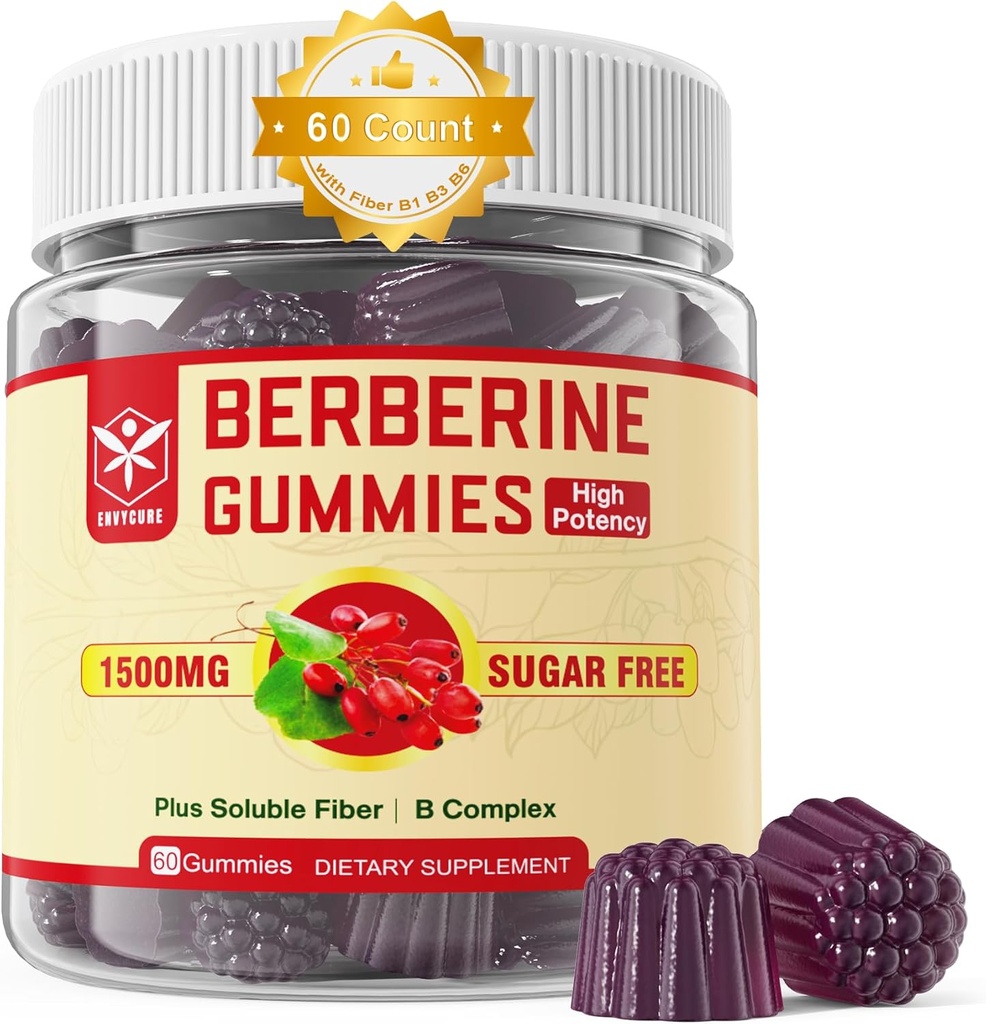 Suplemen Berberine 1500mg dengan Soluble Fiber, B1, B3 & B6, Sugar Free Berberine HCL Gummies, High Bioavability AMPK Activitor untuk MAlumtâbbolism ballanced, Daily Digetical & Body Mânâgnt, 60 Cts