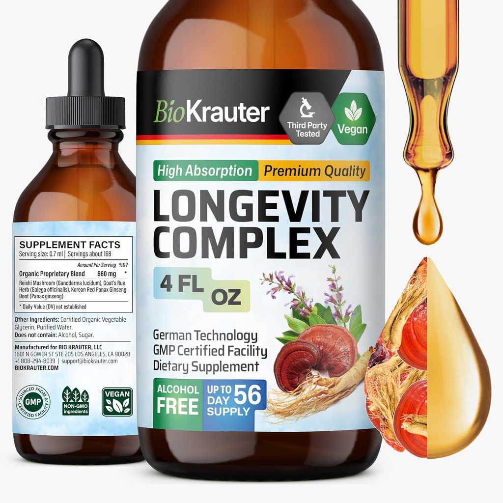 BIO KRAUTER Longevity Mushroom Supplement - Liquid Reishi Mushroom Complex Goat's Rue & Red Ginseng Root Extract - Vegan Tincture - Alcohol & Sugar Free Drops 4 Fl.Oz.