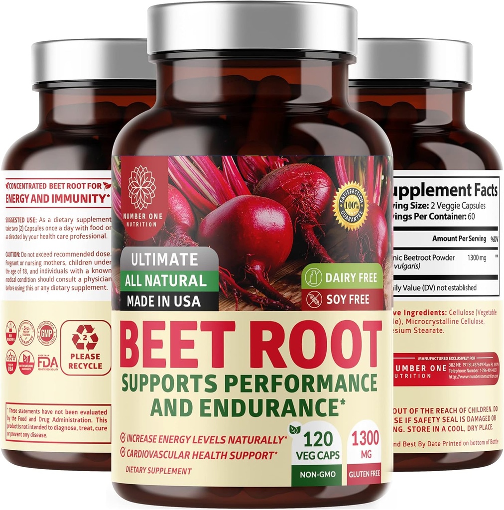 N1N Premium Organic Beet Root kapsułki 1300mg 120 Veg Caps [Non-GMO & Gluten Free] All Natural Beet Root Powder for Energy Support
