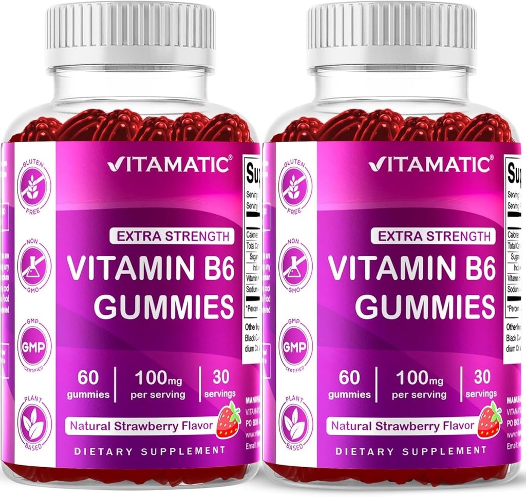 Vitamatic 2 Packs Vitamin B6 100mg Gummies – Natural Strawberry Flavor – 60 Pectin-Based Gummies per Bottle – Nervous System & Energy Support