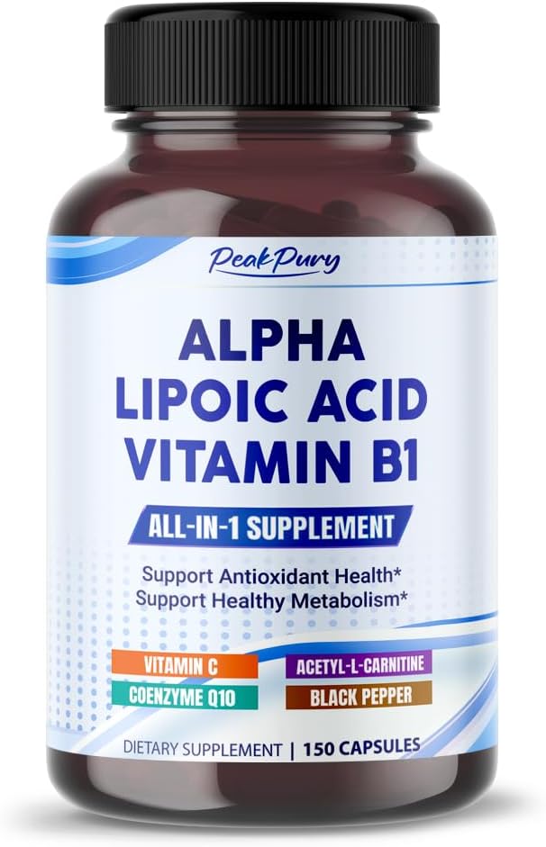 Ácido Alfa Lipóico com Vitamina B1 - Suporta Antioxidante Saúde & Metabolismo Saudável - Inclui Vitamina C, Acetil-L-Carnitina, CoQ10 - Made in The USA- 150 Cápsulas