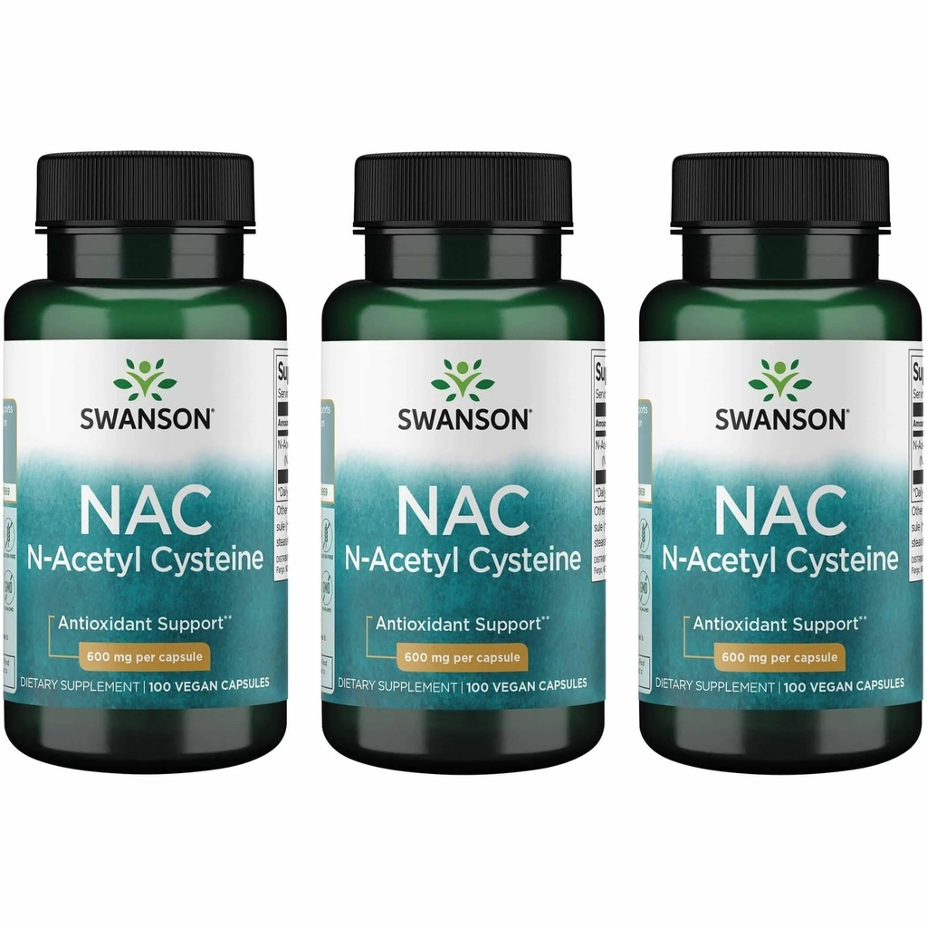 Swanson NAC N-Acetyl Cysteine Liver Health and Antioxidant Supplement for Adults Seeking Detox and Free Radical Support - 600 mg (100 Vegan Capsules, 3 Pack)